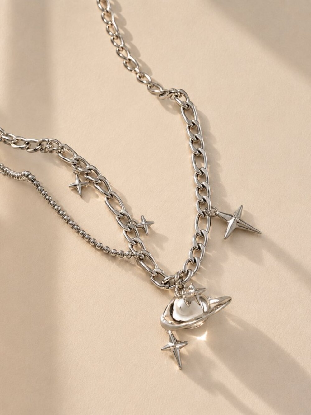 ✨ Stainless Steel Silver Saturn & Star Layered Celestial Necklace